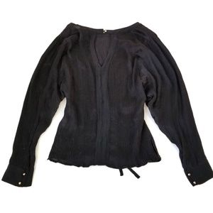 BEBE Silk Cutout Long Sleeve Tie Waist Black Top L